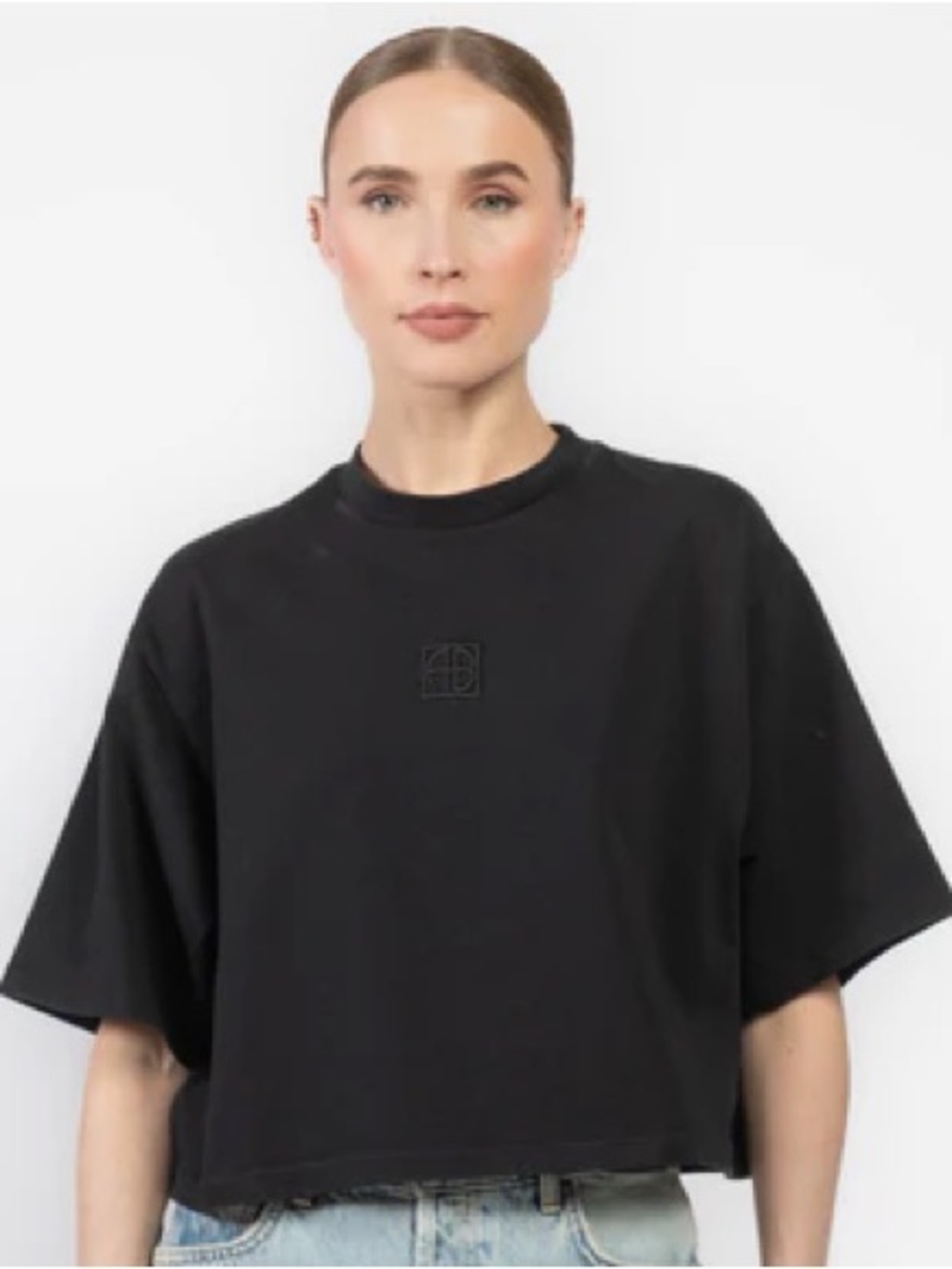 Anine Bing Myers Cropped Framed Monogram Black T-Shirt - Medium